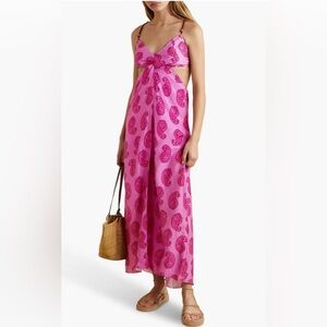 Vix Paula Hermanny Leela Cut-Out Open Back Printed Woven Dress Silk XS Fuschia